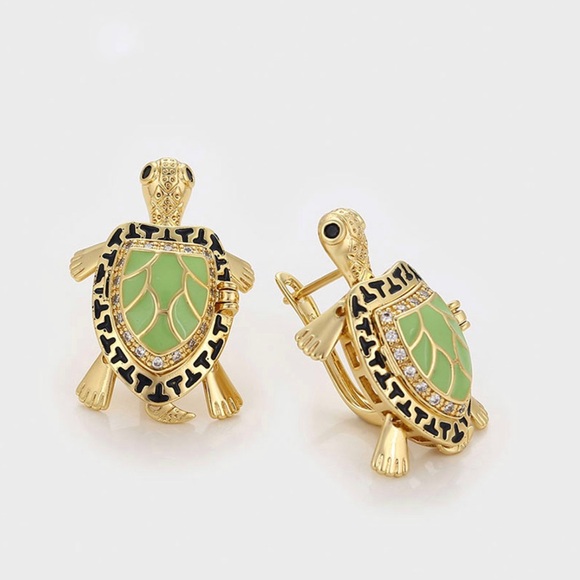 Locket Turtle Earrings 14k Gold Plated CZ Stone - Picture 5 of 11
